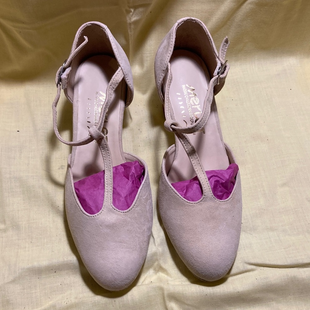 Elegant Women's T-Strap Heels in Soft Beige Ballroom